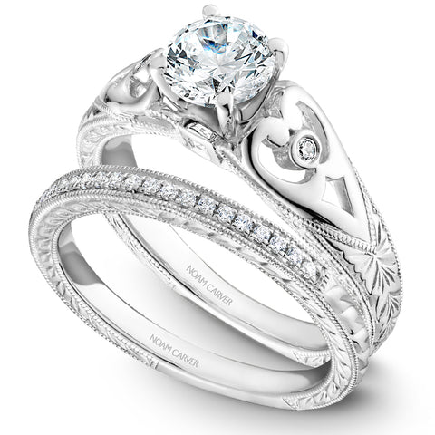 Noam Carver White Gold Carved Vintage Shank Engagement Ring Setting (0.04 CTW)
