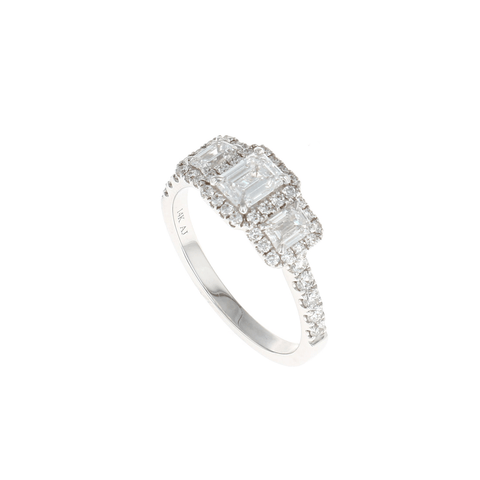 Three Stone Emerald Cut Halo Complete Engagement Ring (1.30CTW)